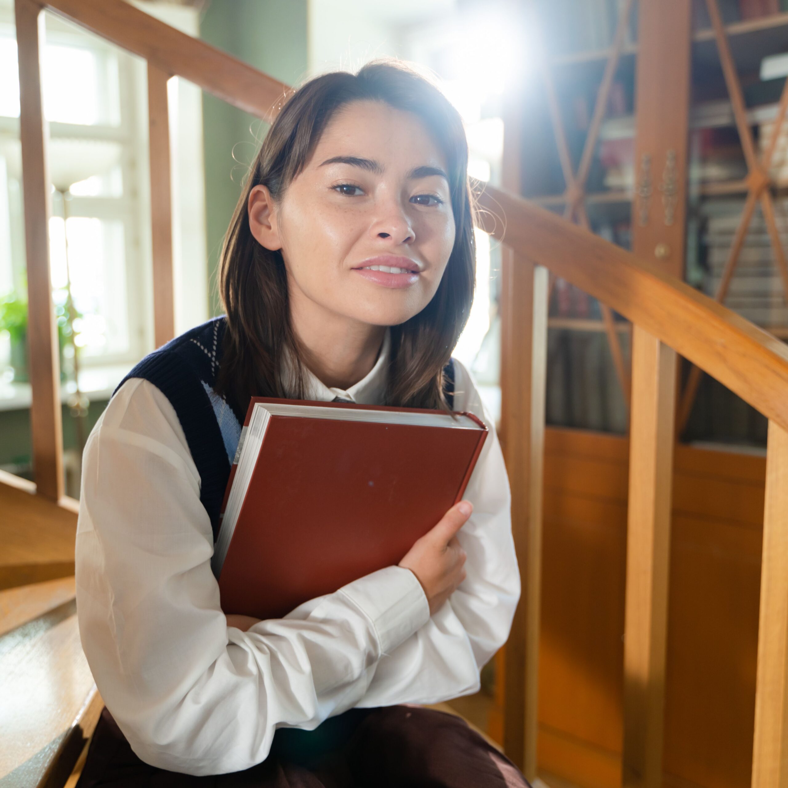 A young woman sits on a library staircase holding a book, surrounded by warm interior lighting.